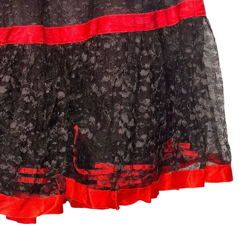 Vintage 50s Size Small Black Lace Can Can Crinoline Half Slip Womens Red Ribbon - Picture 8 of 8